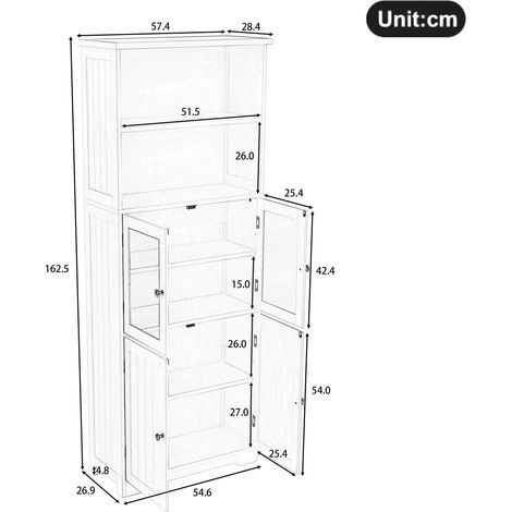 Armoire haute de salle de bain 57.4 x 28.5 x 160 cm avec rangement, peinture intégrale, porte vitrée, porte en bois, deux niches ouvertes, cloisons réglables, texture simple, blanc (1/5)