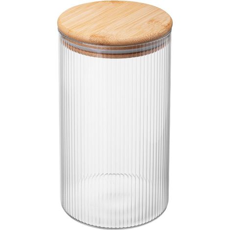 Contenitore Jeff da 1000 ml in vetro scanalato, con corpo in bambù, coperchio in silicone e guarnizione in vetro borosilicato.