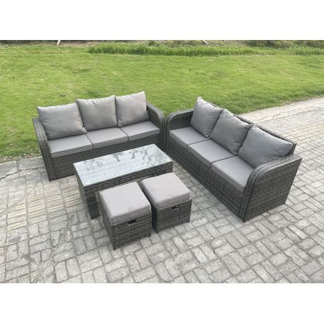 Fimous 8 Seater Patio Garden Furniture Sets Wicker Outdoor Rattan Furniture Sofa Sets with Rectangular Coffee Table 2 Small Footstools (1/5)