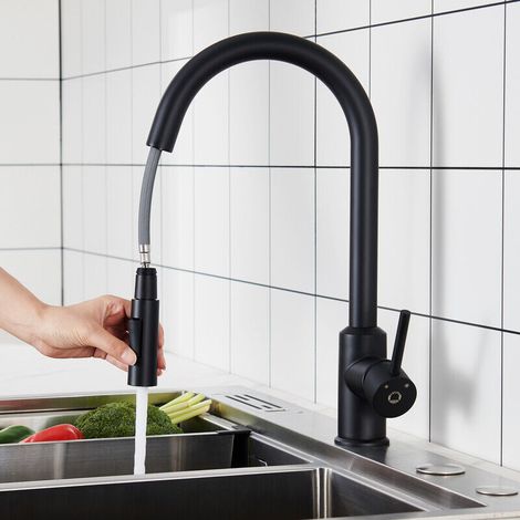 AMXCNOY Küchenarmatur mit Ausziehbrause – Schwarz – 360° drehbare Edelstahl-Küchenarmatur – 2 Wasserauslaufmodi (1/4)