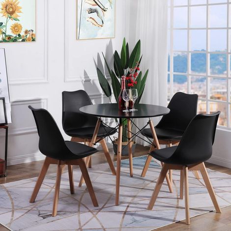 Essgruppe 4 Stühle mit Tisch, Schwarz, Ergonomisch, Kunstleder, Massivholz (1/4)