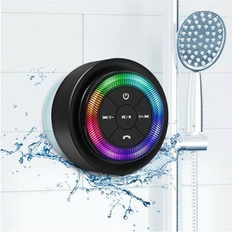 Enceinte Bluetooth étanche IPX7 pour douche, compacte avec ventouse intégrée, lumière LED intégrée et son puissant pour salle de bain moderne