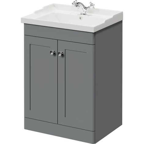 Wholesale Domestic Danbury Satin Grey 600mm Floor Standing Vanity Unit with 1 Tap Hole Traditional Basin and 2 Doors with Polished Chrome Handles (1/5)
