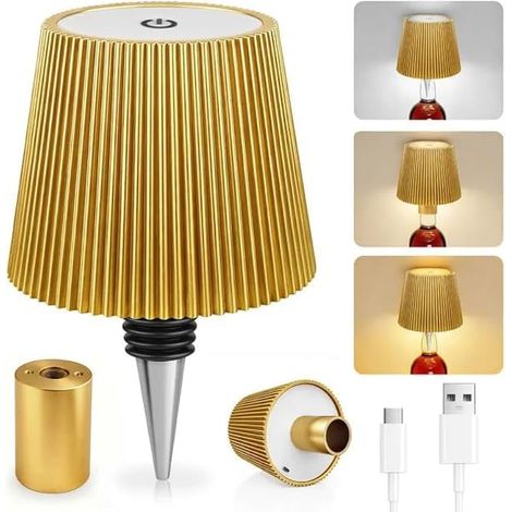 Lampe Bouteille LED Rechargeable, 3 Modes De Température De Couleur Réglables, Tactile, Protection IP54, Lampe De Table Rechargeable USB Sans Fil, Pour Restaurant, Chambre, Jardin, Bar. (Dorée) (1/5)
