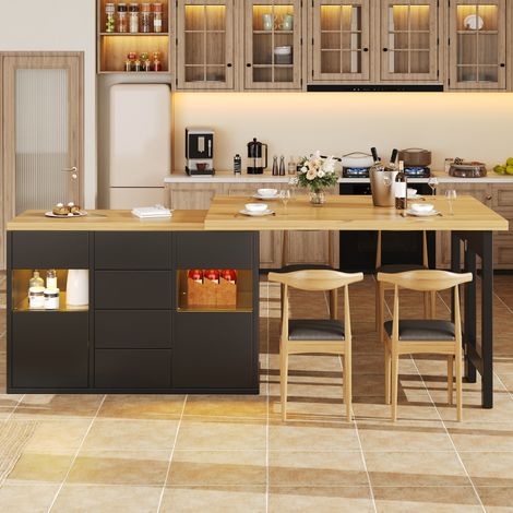 Îlot de cuisine pivotant 360° avec LED RGB App, 4 tiroirs, portes vitrées, noir HAVRYA (1/5)