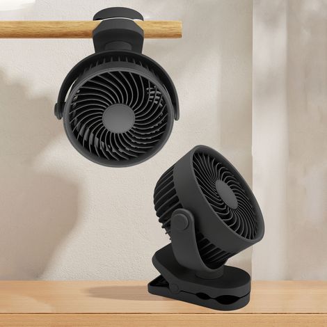 Ventilador de clip USB recargable, giratorio 360°, pequeño y silencioso, negro, ideal para la oficina, camping y playa, con 4 velocidades. Fabricado en ABS, 2000 mAh. (1/5)