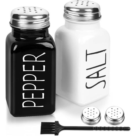 2-teiliges Salz- und Pfefferstreuer-Set aus Glas – Deckel aus Edelstahl, Landhausstil in Schwarz und Weiß (1/4)