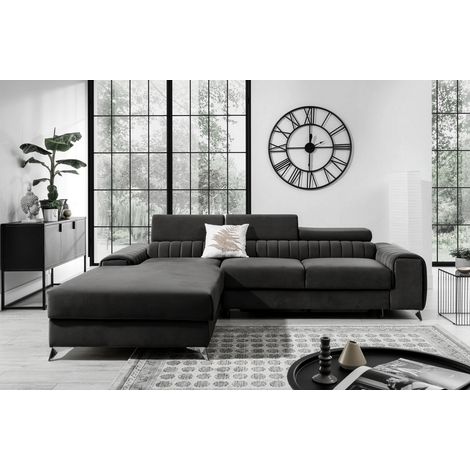 Canapé d'angle convertible en tissu velours Luxe noir, 5 places, angle gauche (vu de face) - GRECE VELOURS (1/5)