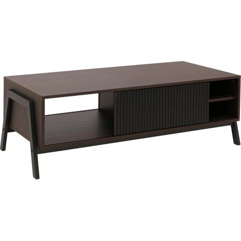 Table basse design effet noyer avec portes coulissantes table de salon avec rangements et structure métal 120 cm 040009219