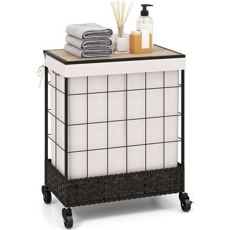2 Section Laundry Hamper 110L Large Capacity Handwoven Rattan Laundry Basket (1/5)