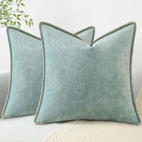 Lot de 2 housses de coussin décoratives douces 45 x 45 cm, en velours neutre style ferme, avec bordure cousue, pour canapé, lit, décoration d'intérieur, Aqua Haze (1/5)