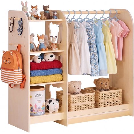 Penderie Enfant avec Miroir, Armoire Enfant en Bois avec Tringle à Vêtements et Étagères, Organisateur de Déguisements pour Fille, Meuble de Rangement pour Chambre et Salle de Jeux, Naturel (1/5)