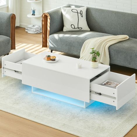 White High Gloss Coffee Table with Adjustable LED Lights, Modern Living Room Centre Table with Storage Drawers, Rectangle Sofa Side Tea Table for Home Office Reception (1/5)
