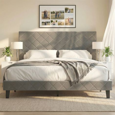 Lit adult double 160x200 cm avec sommier, tête de lit scandinave rembourrée, lin gris, cadre métal, idéal petits espaces et chambres d'amis