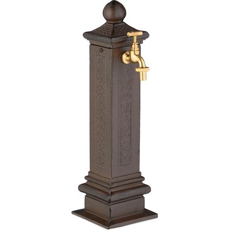 Relaxdays Fuente de Pie Antigua, con Grifo, 47 x 14 x 18,5 cm, Bebedero de Jardín, Terraza, Aluminio Fundido, Marrón