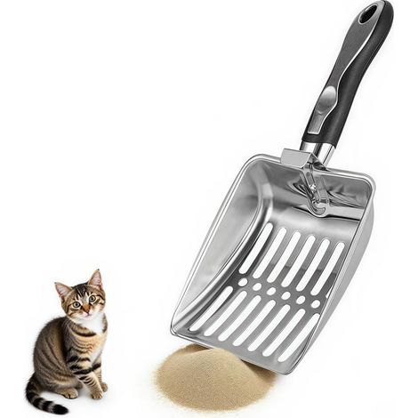 Pelle à litière pour chat, tamis pour bac à litière pour chat, tamis en alliage d'aluminium, pelle profonde à long manche pour chatons pelle en métal durable (1/4)
