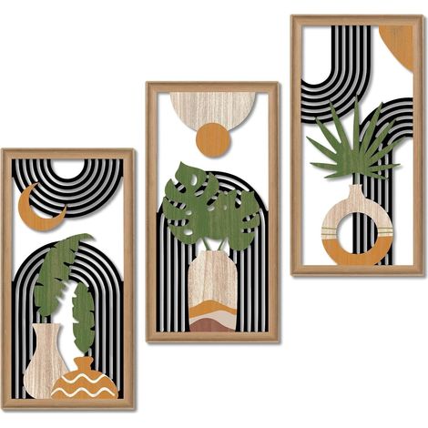 Lot 3 tableaux muraux encadrés, art abstrait botanique noir blanc terracotta, motifs arcs géométriques, cadres bois clair, décoration salon chambre bureau entrée (1/5)