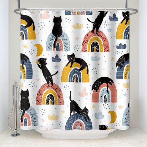 Mignon Animal Rideau de Douche Abstrait Dessin animé Le Noir Chat Coloré Arc-en-Ciel Rideau de Bain Animaux domestiques Rideau de Baignoire pour Enfant Salle de Bain 140x180cm avec Crochets (1/5)