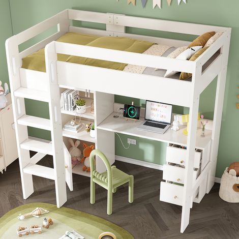 Lit mezzanine enfant 90x200 avec bureau et armoire - Bureau équipé USB-C - Grand rangement et classeur - Sommier inclus (sans Matelas) (1/5)