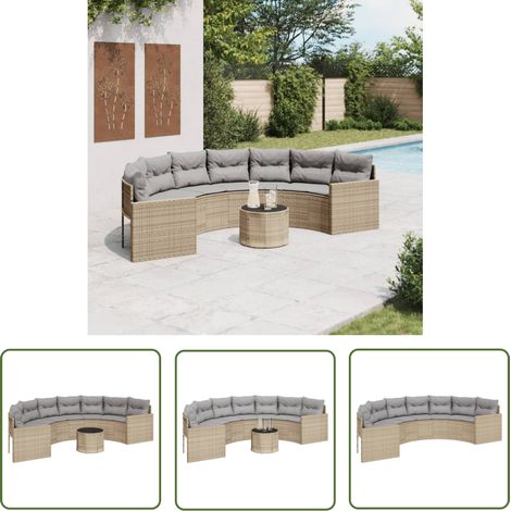 The Living Store Gartensofa mit Tisch und Kissen Halbrund Beige Poly-Rattan - Gartensofa - Polyethylen-Rattan - Gartenmöbel - Terrassenmöbel - Lounge Set (1/5)