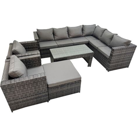 Fimous Outdoor Rattan Oblong Coffee Table Corner Sofa Sets Garden Furniture Set with 2 Chairs Big Stool Dark Grey Mixed (1/5)