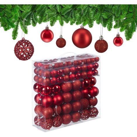 Relaxdays Set da 150 Palline di Natale, Addobbi Natalizi, Opache, Lucide, Glitterate, ∅ 3,4 e 6 cm, Decorazioni, Rosso (1/5)