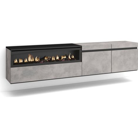 Meuble TV Banc Télé Grand Espace de Rangement 200x45x35cm pour Les TV jusqu'à 80" Cheminée électrique Suspendu, Mural Style Moderne Ciment (1/5)