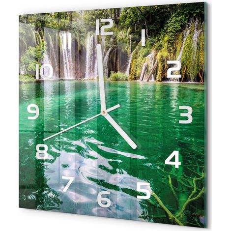 Horloge Murale Carrée Chambre Silencieuse en Verre Sans Tic-Tac Design Moderne Lacs de Plitvice 30x30 cm (1/5)