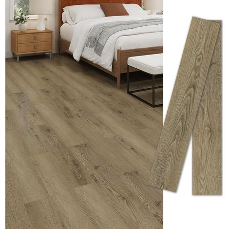 Dalle PVC Adhesive Sol - 36 pcs (5,02m²) Revêtement de Sol Bricolage - Lames Adhésives Vinyle Effet Grain de Bois - Imperméable et Découpable pour Locataire DIY - Chêne Lin Brun (1/5)