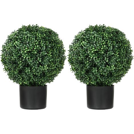 Set de 2 plantes artificielles boule de buis 52 cm avec pot noir, résistantes aux UV pour intérieur et extérieur (1/5)