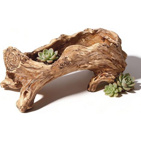 Jardinière en Bois flotté Artificielle, Pot De Fleurs Pot De Plantes Succulente en Résine bûche de Racine d'arbre avec Trou de Drainage pour la décoration de Jardin de Maison (1/5)