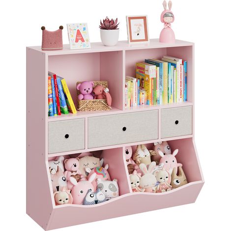 Rangement pratique pour enfants – Bibliothèque à jouets, 3 tiroirs amovibles, 7 casiers, étagères multiples, parfaite chambre, salle de jeux, crèche – Rose (1/5)