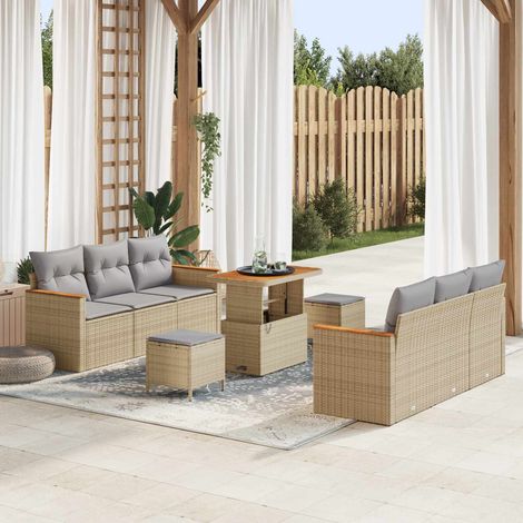 Ensemble canapé de jardin en polyrotin beige avec table, poufs et coussins - PANGIVO (1/5)