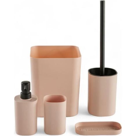 Set aus 5 Badaccessoires - HEUTE - NUTZEN - Seifenspender, Zahnbürstenhalter, Seifenschale, WC-Bürste, Mülleimer - Pink