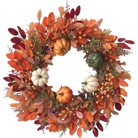 Couronne de porte automnale artificielle 40 cm – Citrouilles et baies aux couleurs d’automne – Décoration pour fête des récoltes et Halloween (1/5)