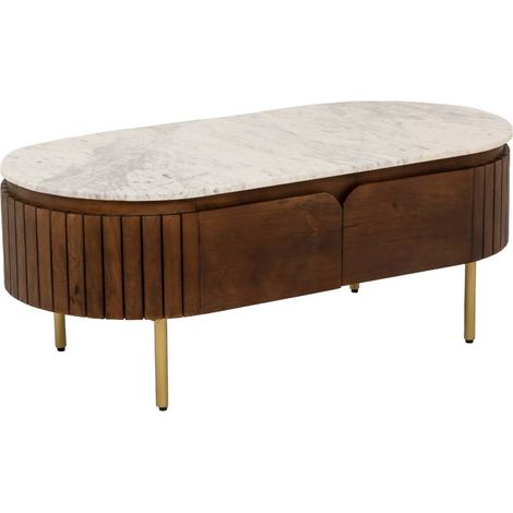 Made In Meubles – Table basse fixe en bois de manguier et marbre Sienne – Forme arrondie – Dimensions 46,5 cm H x 120 cm L x 60 cm P – Pieds en métal doré (1/5)