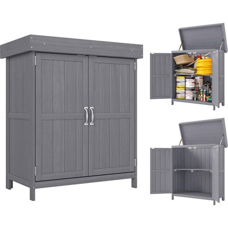 Abri de jardin en bois gris, dimensions 74 x 43 x 88 cm, avec 2 portes et toit en asphalte à charnières.
