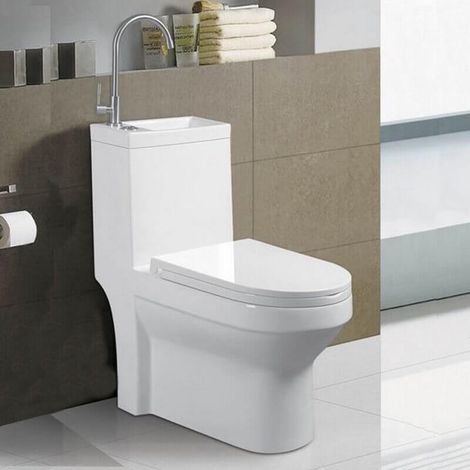 Rue Du Bain – WC à poser monobloc avec lave-mains intégré céramique 39x68cm – Sortie horizontale – Abattant Duroplastic frein de chute – Chasse d'eau 3/6L (1/6)
