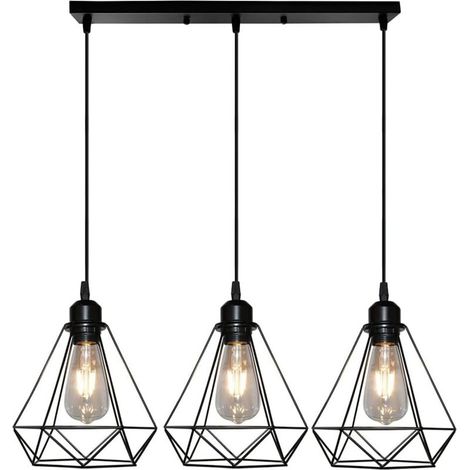 Suspension Cage forme Diamant Contemporain Lampe Plafonnier Corde Ajustable Luminaire Lustre pour Cuisine Couloir Noir (1/4)