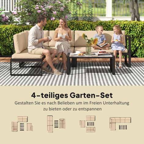 Ensemble salon de jardin 4 pièces : canapé 2 places, 2 fauteuils sans accoudoirs, table basse, pour balcon, couleur kaki (1/4)