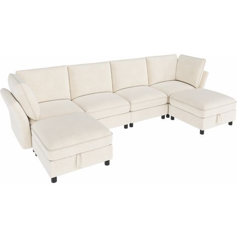 ELVMI Modulares U-Sofa 6-Sitzer mit 2 Stauraumhockern und Ergonomischen Armlehnen aus Chenille Beige (1/5)