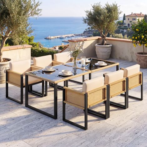 Polyrattan Gartenmöbel Essgruppe 7-teilig 170x80x75 cm, Esstisch mit 6 Sesseln, gehärtete Glasplatte, Kissenbezüge abnehmbar