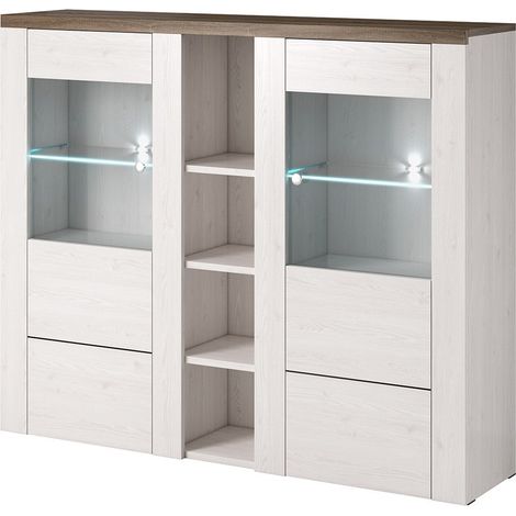 Design-Sideboard mit 2 Türen für Wohnzimmer in Weiß mit Holzeffekt und Eiche. Kollektion SANTIAGO.