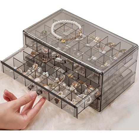 Boîte de rangement pour boucles d'oreilles, boîte à bijoux en acrylique avec 3 tiroirs, présentoir à bijoux transparent avec 72 petits compartiments, emballage cadeau pour femmes et filles (transparen (1/5)
