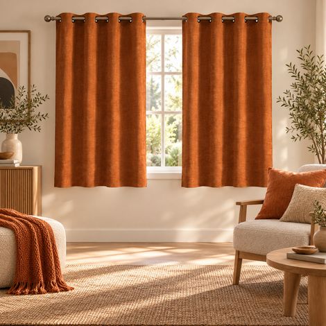 Lot de 2 rideaux à œillets 140 x 180 cm Velours chenille COSI Terracotta – Petite hauteur (1/5)