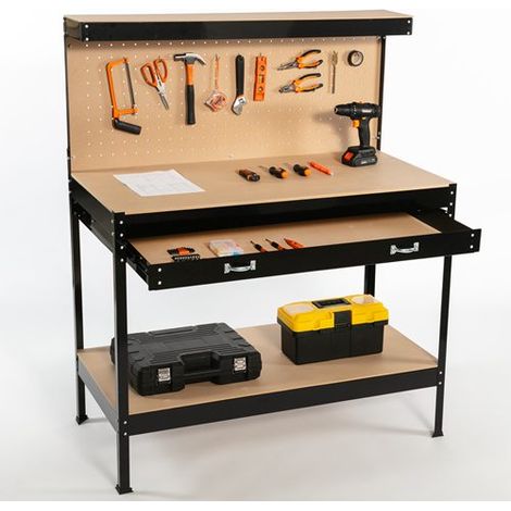 SwitZer Steel Garage Workbench Toolbox Storage With Drawers Pegboard and 20 Pegs Shelf DIY Workshop Station Black