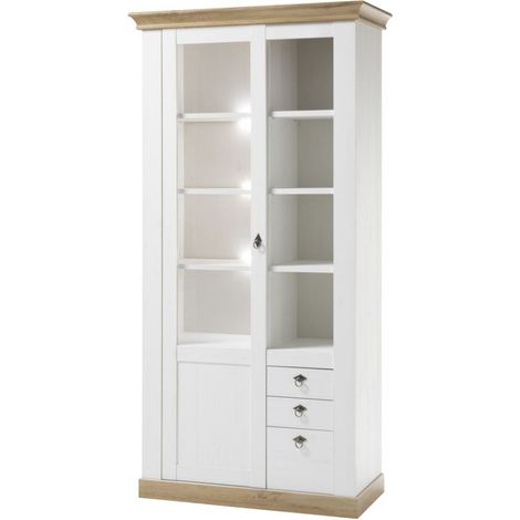 Landhaus Vitrinenschrank LINARES-61 in Pinie weiß / Wotan Eiche Nb. inkl. LED - B/H/T ca.: 102/204/44 cm (1/5)