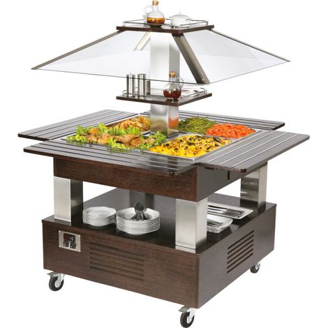 Buffet bain-marie à île, 4x GN 1/1 h 150 mm, hotte pas abaissable 1445x1445x1540 mm - VIRTUS