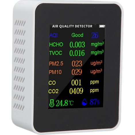 Moniteur de qualité de l'air - Détecteur de dioxyde de carbone - Testeur précis de CO, CO2, PM2.5, COVT, HCHO - Alarme de température et d'humidité - Blanc (1/5)