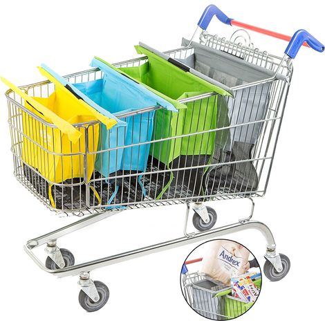 Sacs de courses réutilisables originaux aux couleurs pastel - lot de 4, adaptés aux chariots de supermarché classiques. (1/5)